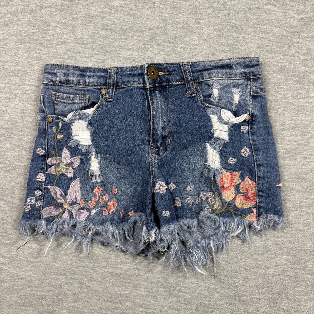 Gogo Jeans Shorts Womens 5 Blue Distressed Denim Cut Off Daisy Dukes Floral Boho